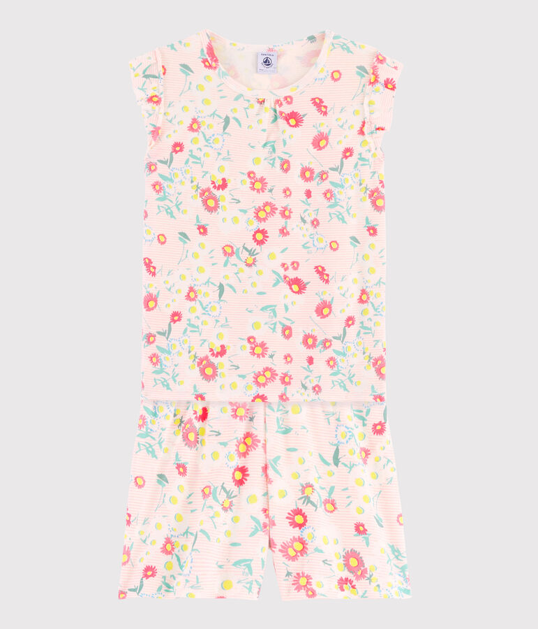 Pijama corto de flores para ni&ntilde;a de punto blanco MARSHMALLOW/blanco MULTICO
