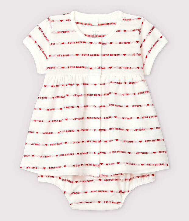 Vestido de manga corta con braguitas bloomer de beb&eacute; ni&ntilde;a en jacquard de algod&oacute;n ecol&oacute;gico blanco/rojo
