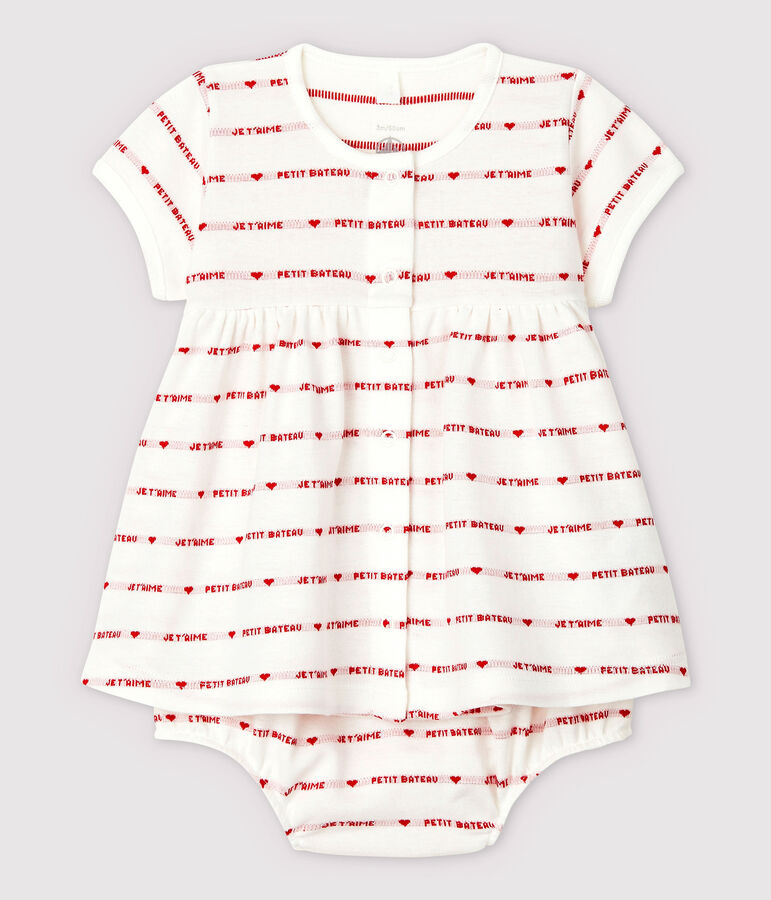 Vestido de manga corta con braguitas bloomer de beb&eacute; ni&ntilde;a en jacquard de algod&oacute;n ecol&oacute;gico blanco MARSHMALLOW/rojo TERKUIT