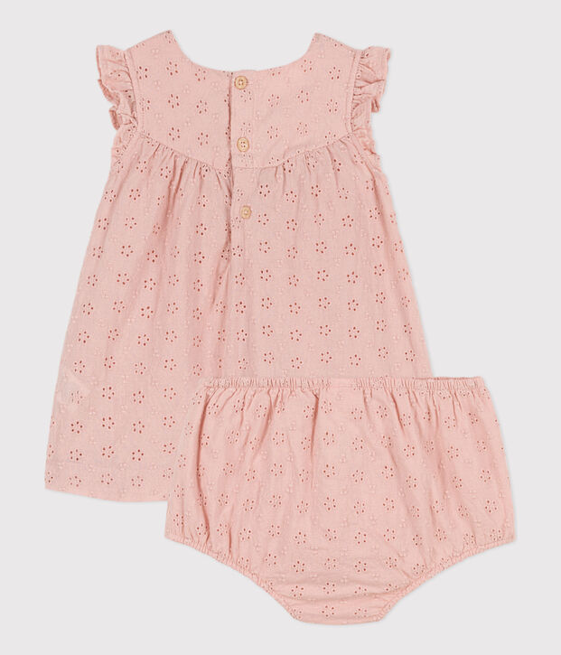 Vestido con bombacho de bordado ingl&eacute;s para beb&eacute; rosa