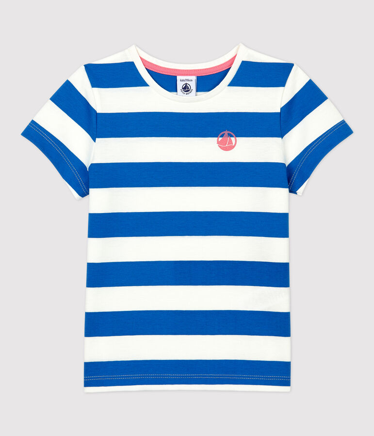 Camiseta de manga corta de algod&oacute;n de ni&ntilde;a azul/blanco