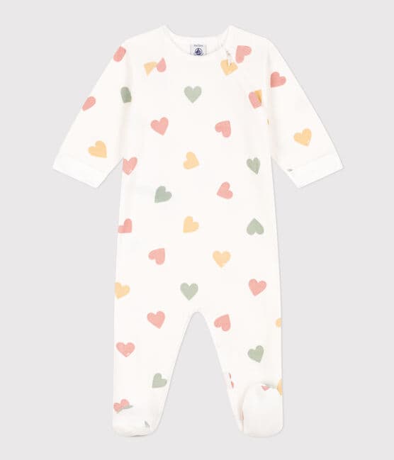 Pijama de terciopelo con corazones multicolores para bebé blanco MARSHMALLOW/blanco MULTICO