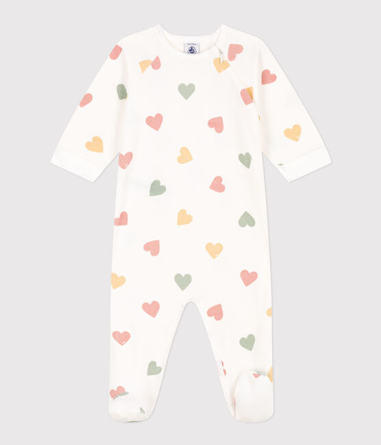 Pijama de terciopelo con corazones multicolores para bebé blanco MARSHMALLOW/blanco MULTICO
