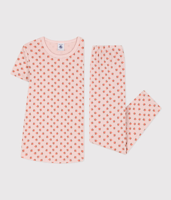 Pijama de manga corta de algodón para niña rosa SALINE/blanco MULTICO