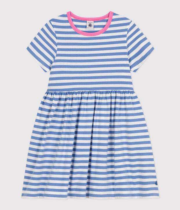 Vestido de manga corta de algod&oacute;n a rayas para ni&ntilde;a azul/blanco