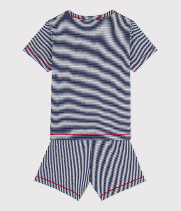 Pijama corto de algod&oacute;n milrayas para ni&ntilde;o azul/blanco