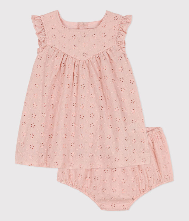 Vestido con bombacho de bordado ingl&eacute;s para beb&eacute; rosa