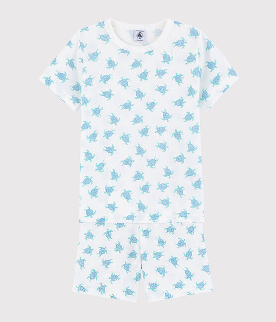 Pijama corto con estampado de tortugas de algodón ultra-ligero de niño/niña blanco MARSHMALLOW/blanco MULTICO