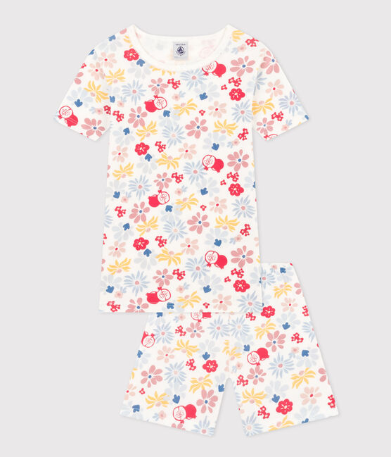 Pijama infantil corto y ajustado de algodón con estampado de flores blanco MARSHMALLOW/blanco MULTICO