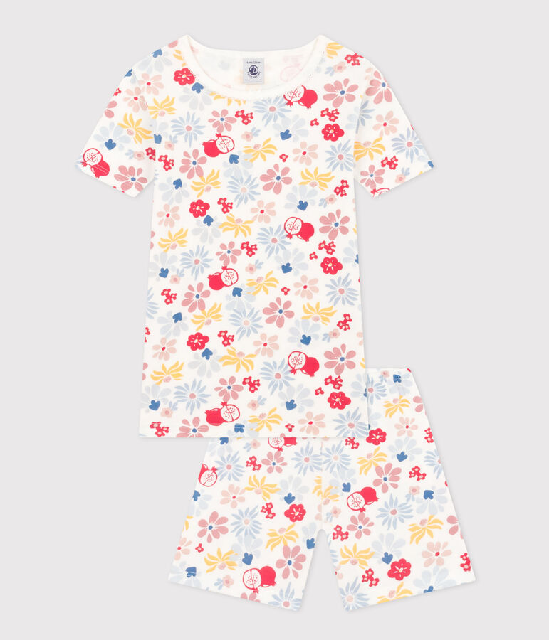 Pijama infantil corto y ajustado de algod&oacute;n con estampado de flores blanco/multicolor