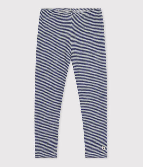 Leggings milrayas de niña/niño de lana y algodón azul MEDIEVAL/blanco MARSHMALLOW