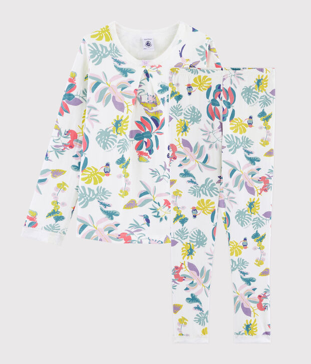 Pijama estampado jungla de ni&ntilde;a de tela t&uacute;bica blanco/multicolor