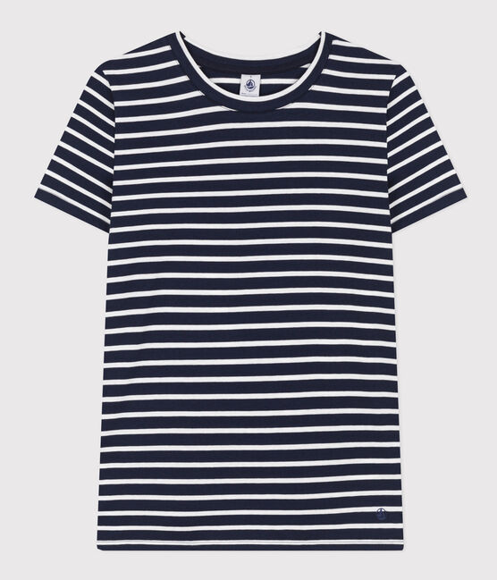 Camiseta LA RECTA de algodón con cuello redondo para mujer azul SMOKING/blanco MARSHMALLOW