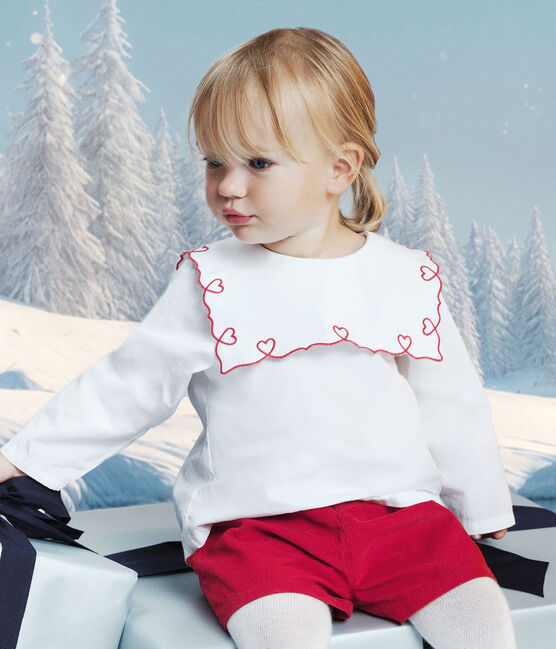 Blusa de popelina de algodón de manga larga con bordado de corazones para bebé blanco ECUME