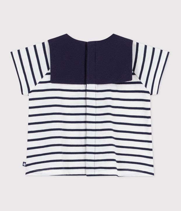 Blusa de algod&oacute;n con rayas marineras y cuello bordado para beb&eacute; blanco/azul