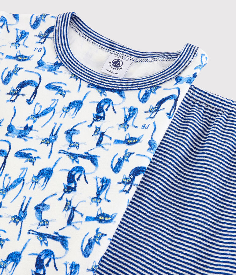 Pijama corto con estampado de gato de algod&oacute;n de ni&ntilde;o blanco/multicolor