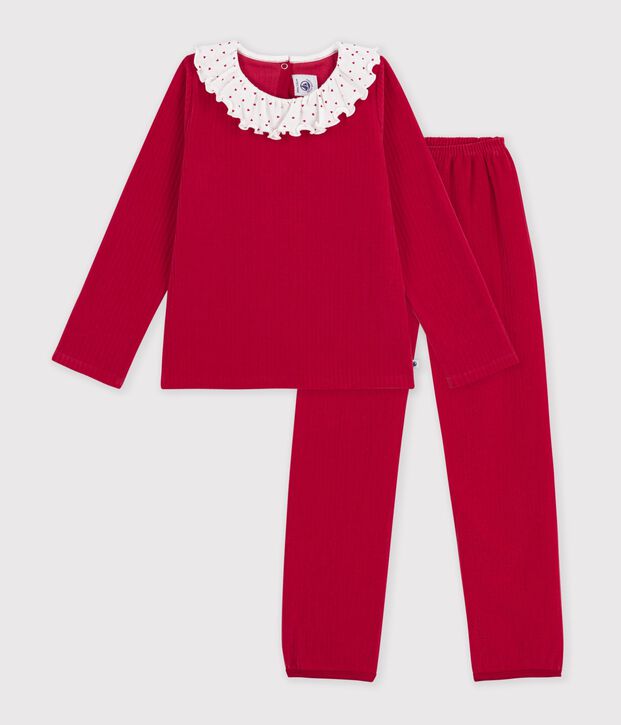 Pijama infantil liso de pana con collar&iacute;n rojo