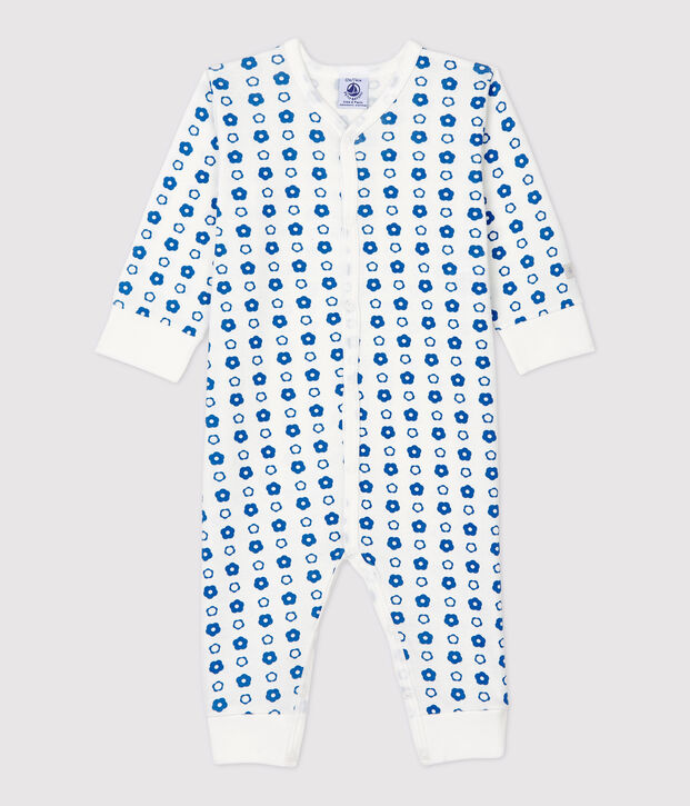 Pelele sin pies de beb&eacute; de flores retro de algod&oacute;n org&aacute;nico blanco/azul
