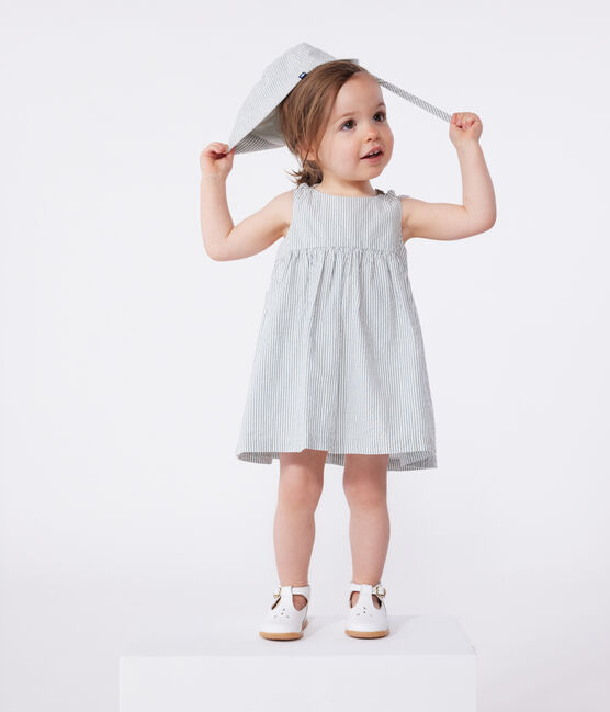 Vestido sin mangas de algodón a rayas para bebé blanco MARSHMALLOW/azul BRUT