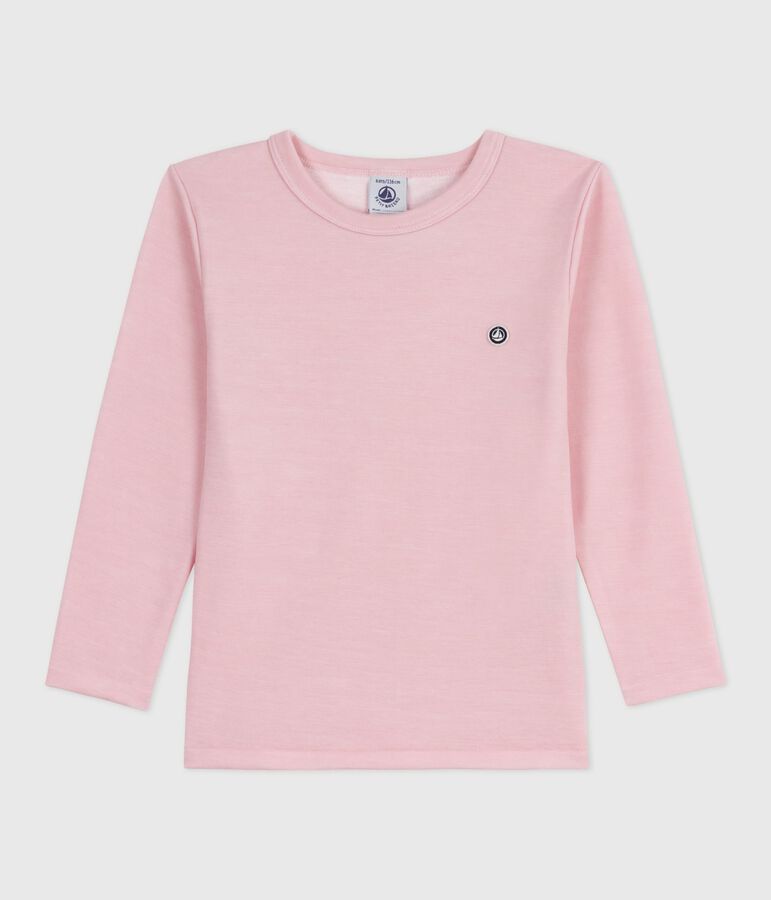 Camiseta infantil lisa de manga larga de lana y algod&oacute;n rosa