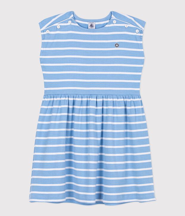 Vestido infantil sin mangas de algod&oacute;n a rayas azul/blanco