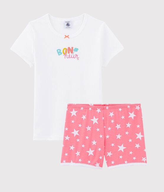 Pijama corto con dibujo "Bonheur" de niña de algodón blanco MARSHMALLOW/blanco MULTICO