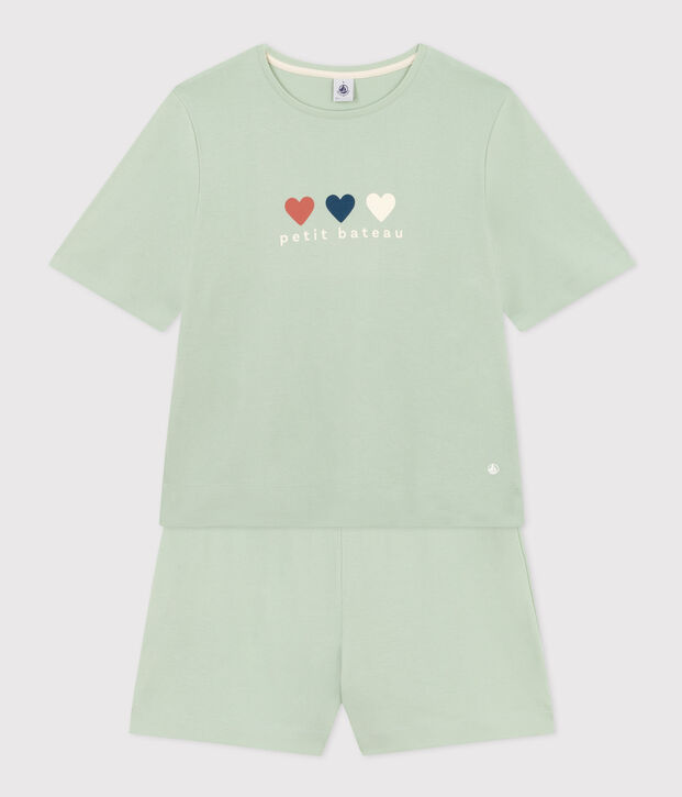 Pijama con pantal&oacute;n corto y camiseta de algod&oacute;n liso para mujer verde