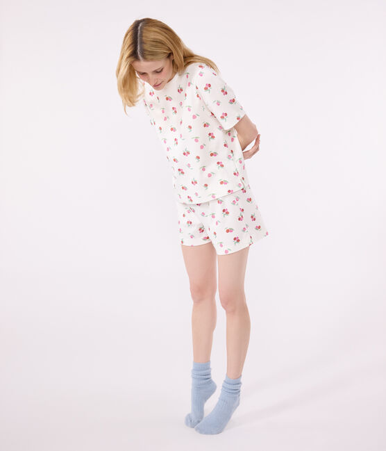 Pijama corto de algodón con estampado de frutas para mujer blanco MARSHMALLOW/blanco MULTICO