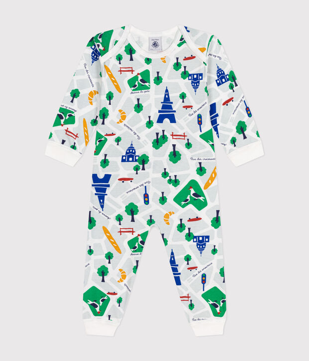 Pijama sin pies de algod&oacute;n con estampado de Par&iacute;s para beb&eacute; blanco/azul