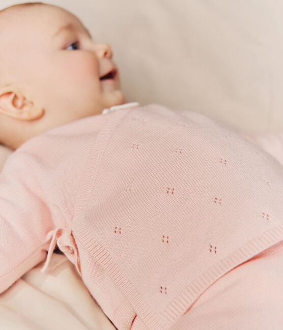 Jersey cruzado calado de punto tricotado de lana y algodón para bebé rosa JOLI