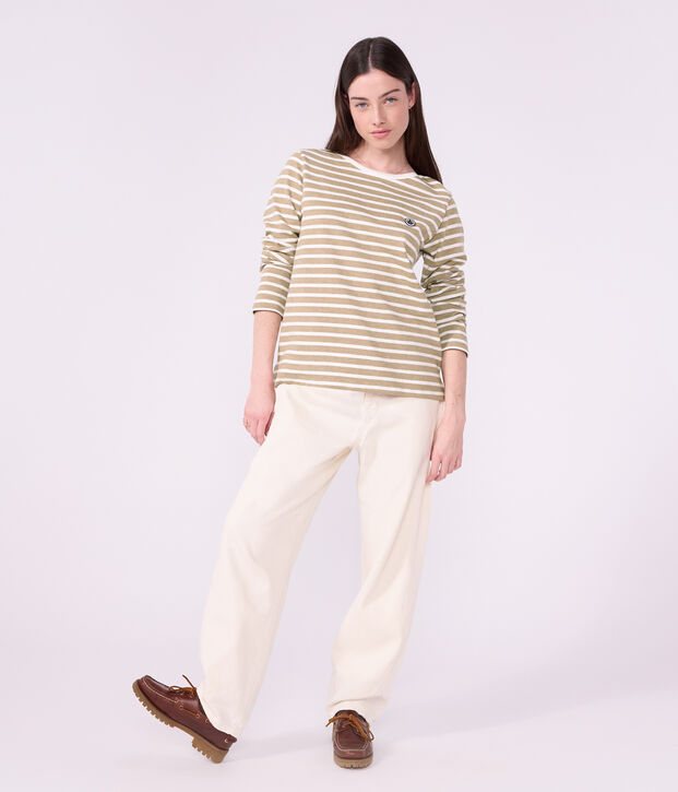 Marinera de algod&oacute;n de manga larga para mujer beige/blanco