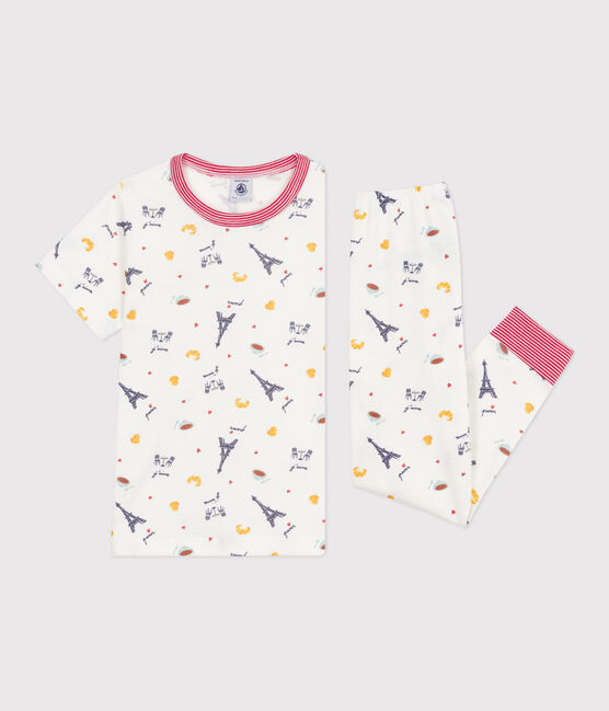 Pijama infantil de algodón de manga corta y pierna larga con estampado blanco MARSHMALLOW/blanco MULTICO