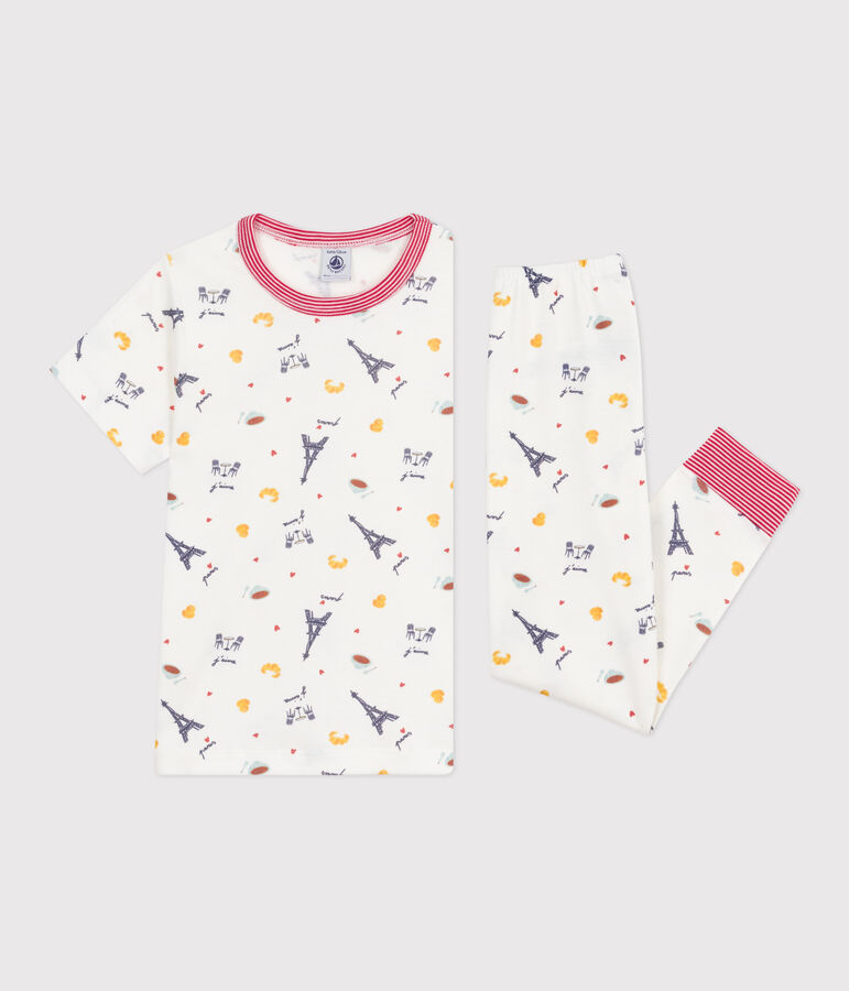 Pijama infantil de algod&oacute;n de manga corta y pierna larga con estampado blanco/multicolor