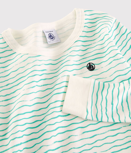 Pijama snugfit con estampado de olas de algodón de niño blanco MARSHMALLOW/ VERT