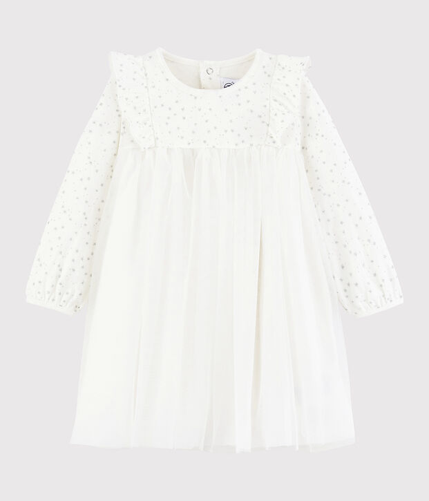 Vestido de manga larga para beb&eacute; ni&ntilde;a blanco/gris