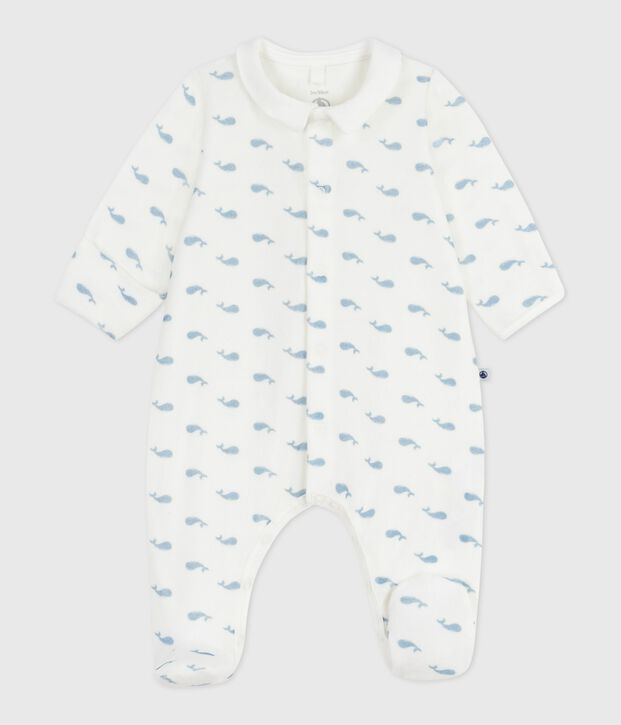 Pijama infantil de terciopelo con cuello estampado de ballenas blanco/azul