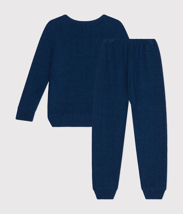 Pijama infantil liso de tejido de rizo cepillado azul