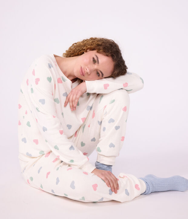 Pijama de rizo de algod&oacute;n con estampado de corazones para mujer crudo/multicolor