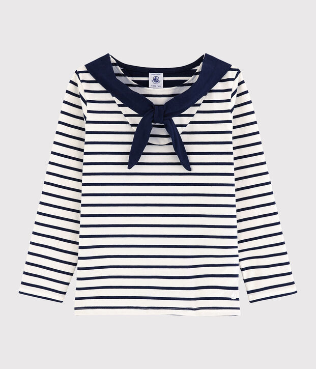 Camiseta de manga larga de punto de ni&ntilde;a blanco/azul