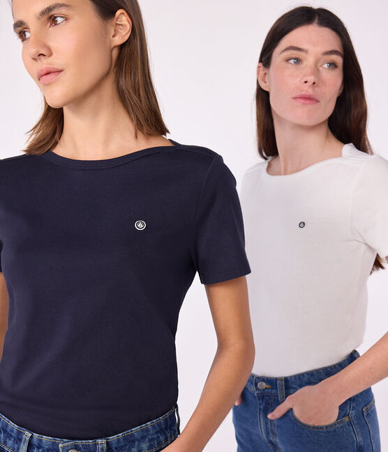 Camiseta icónica de mujer con cuello almirante de algodón azul SMOKING