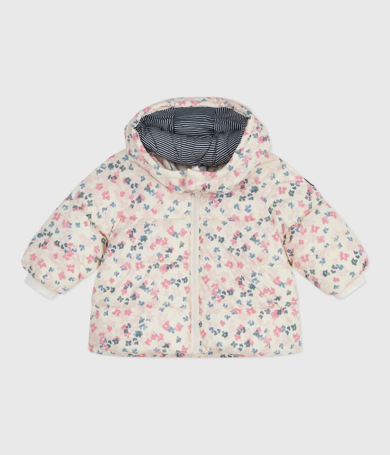 Chaqueta de plum&oacute;n para beb&eacute; con estampado floral y capucha extra&iacute;ble. crudo/multicolor