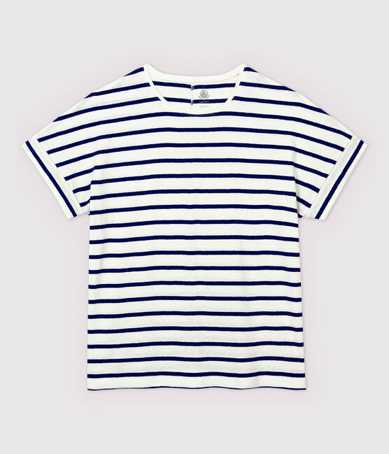 Camiseta de algodón/lino de rayas de mujer blanco MARSHMALLOW/azul MEDIEVAL
