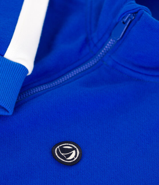 Sudadera infantil de algodón liso con cuello alto con cremallera azul PERSE