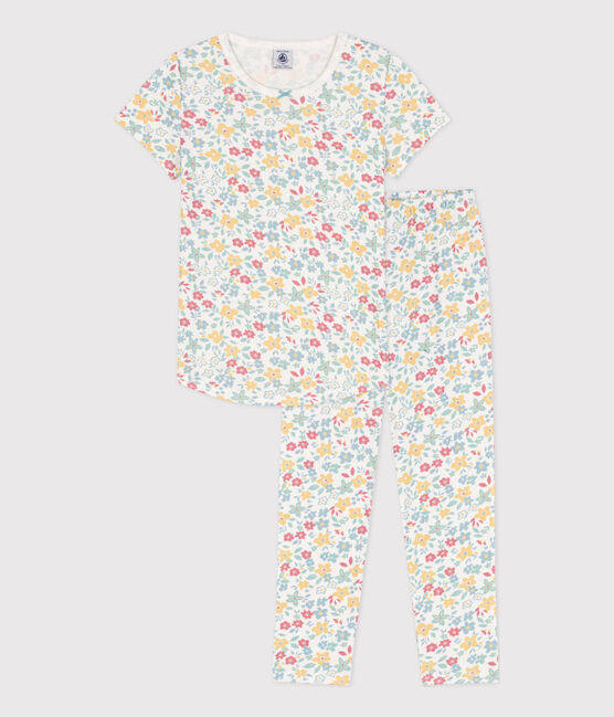 Pijama de manga corta de algodón con flores para niña blanco MARSHMALLOW/blanco MULTICO