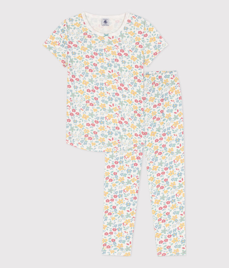 Pijama de manga corta de algod&oacute;n con flores para ni&ntilde;a blanco MARSHMALLOW/blanco MULTICO