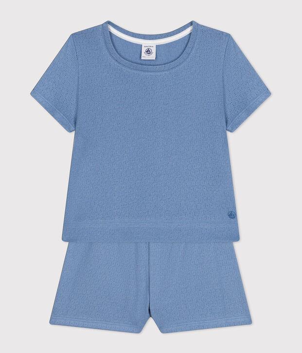 Pijama corto y liso de algod&oacute;n calado para ni&ntilde;a azul