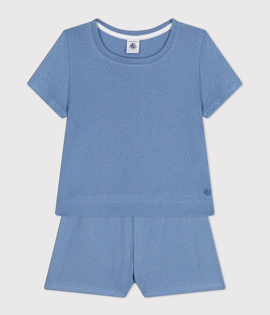 Pijama corto y liso de algodón calado para niña azul BEACH