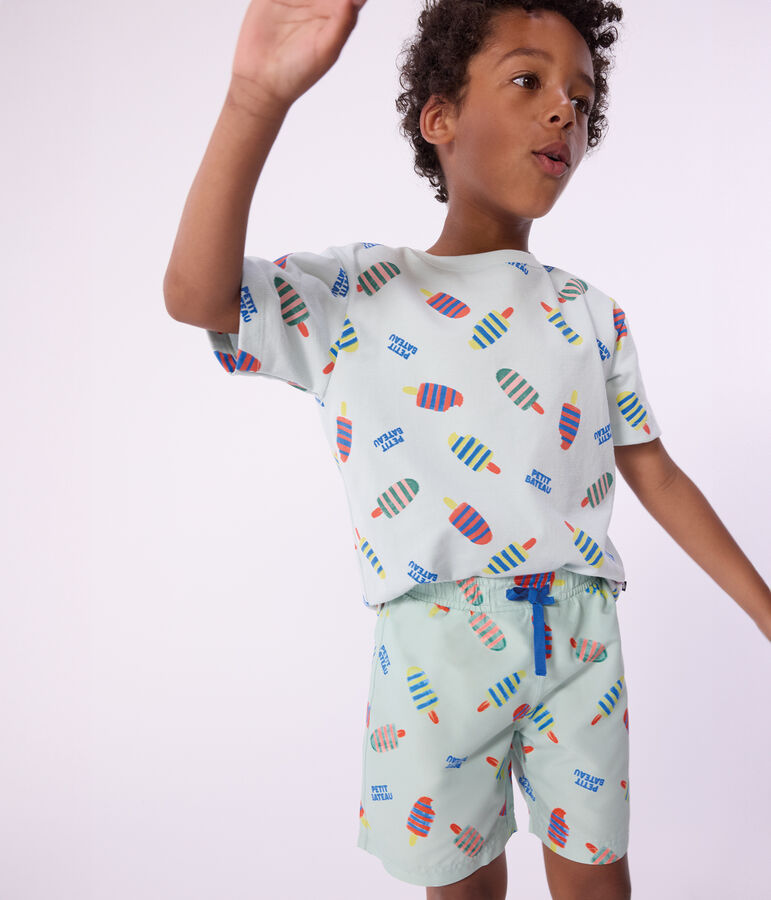 Camiseta infantil de manga corta de algod&oacute;n con estampado de gaviotas azul/multicolor