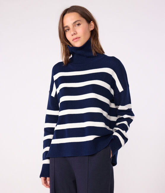 Jersey de cuello alto de lana y algodón a rayas para mujer azul SOIR/ MARSHMALLOW