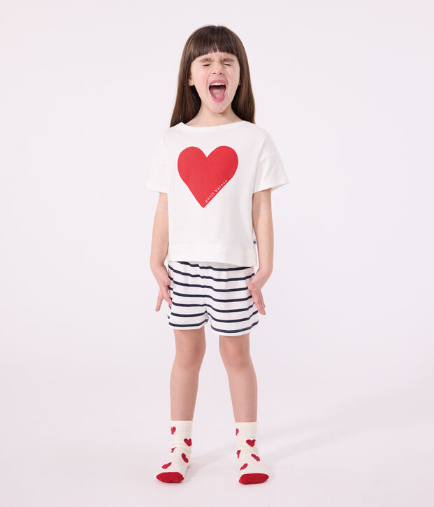Pijama corto infantil de algod&oacute;n con estampado de corazones blanco/azul